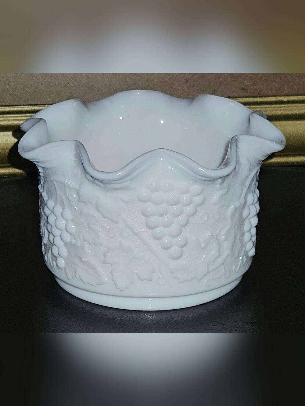 Vintage Imperial White Milk Glass Grape Pattern Crimped Planter